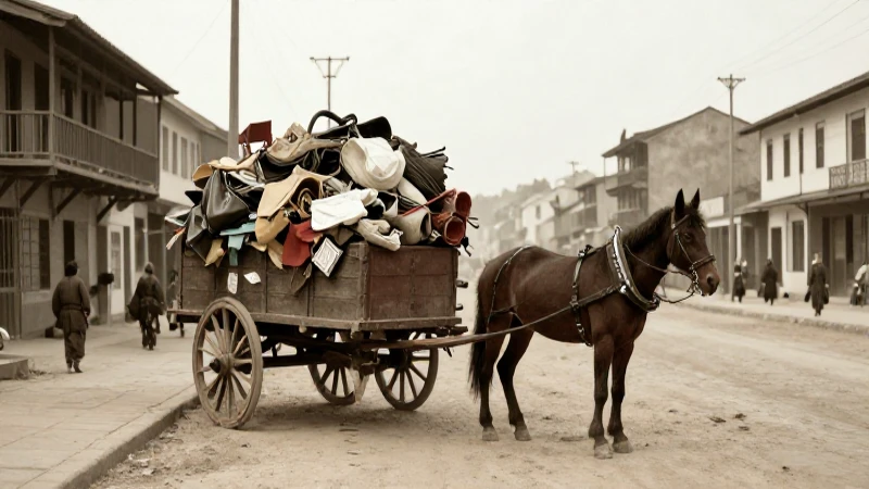 Carro lleno de basura en escena callejera antigua