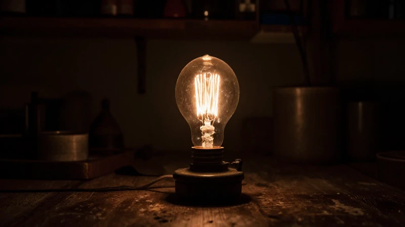 Cuál es la historia de la bombilla eléctrica en una línea del tiempo 7 Bomba antigua ilumina taller oscuro dramáticamente
