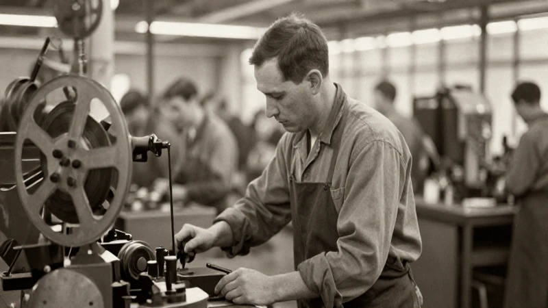 Historia de la capacitación: Línea de tiempo de su evolución 5 Trabajador industrial en película antigua sepia
