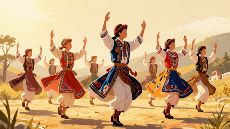 Bailarines folclóricos resplandecen al atardecer