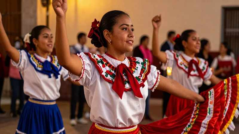 Bailarines mexicanos vibrantes con iluminación cálida