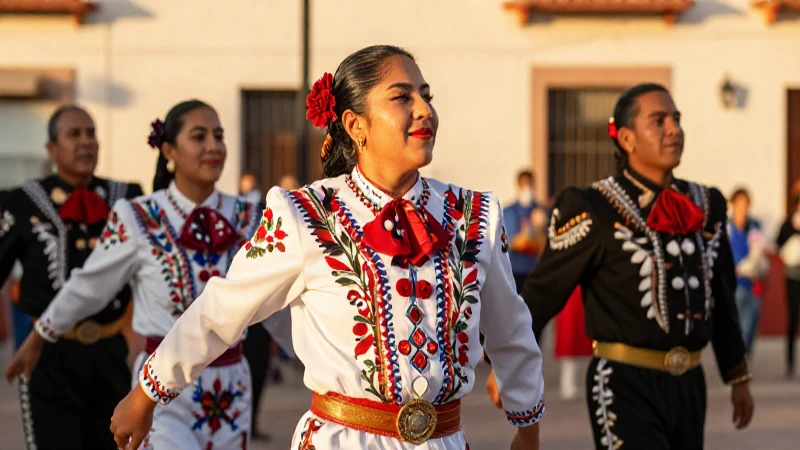 Bailarines mexicanos luzcan trajes vibrantes al atardecer