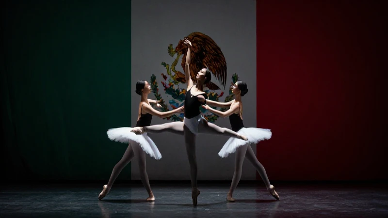 Bailarines frente a la bandera mexicana, iluminación dramática