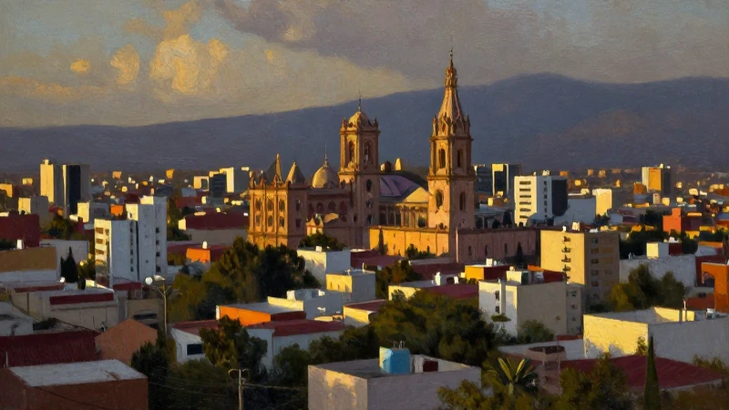 Guadalajara al atardecer, óleo amplio y dramático