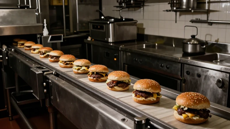 Cuál es la línea de tiempo de la historia gastronómica mundial 8 Cocina industrial con hamburguesas en cinta transportadora