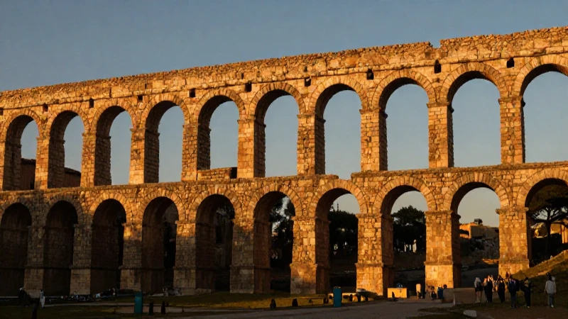 Acueducto romano bañado por la dorada luz
