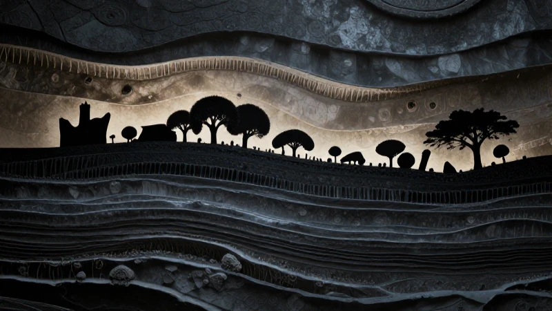 Sabes sobre la línea del tiempo de las edades evolutivas 10 Capas geológicas estilizadas con silueta fósil e iluminación volumétrica cinematográfica