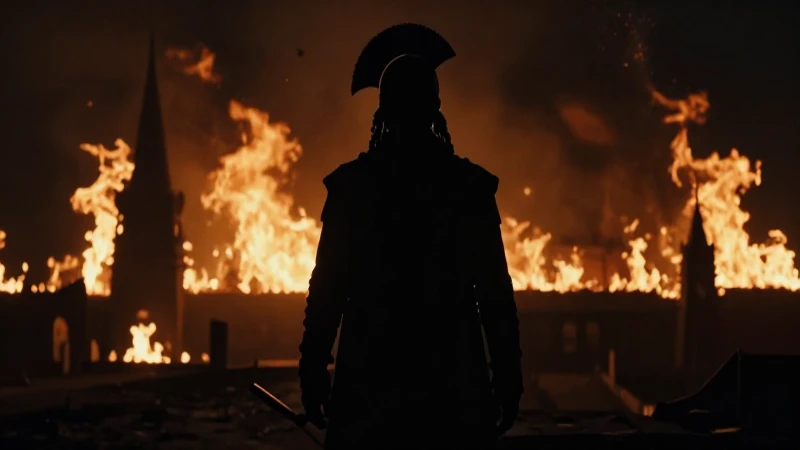Línea del tiempo de la Ilíada: Historia y eventos clave 6 Príncipe troyano, ciudad ardiendo, claroscuro dramático