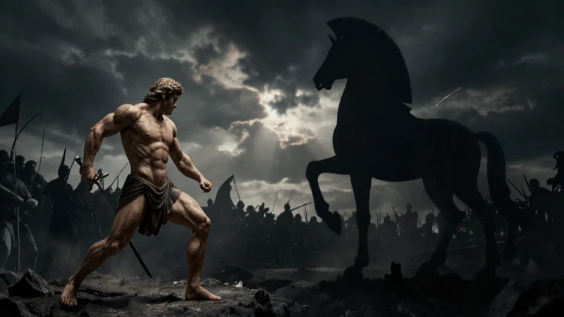 Línea del tiempo de la Ilíada: Historia y eventos clave 9 Batalla épica con sombras intensas y grandeza