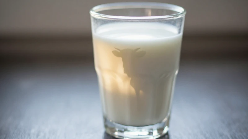 Leche en vaso, silueta bovina iluminada suavemente