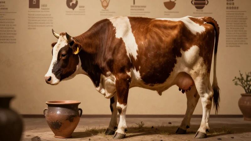 Vaca ordeñada, cerámica antigua e iluminación suave