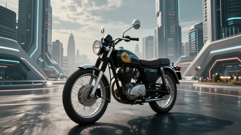 Moto vintage contra paisaje urbano futurista