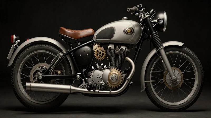 Moto antigua con intrincados mecanismos iluminados dramáticamente