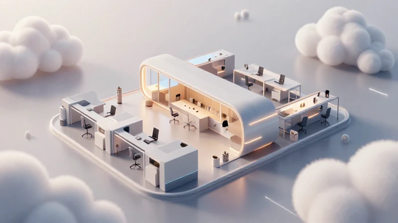 Oficinas futuristas bajo nubes brillantes