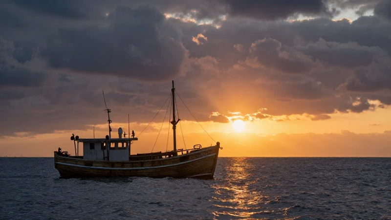 Atardecer dramático ilumina barco pesquero en el Atlántico