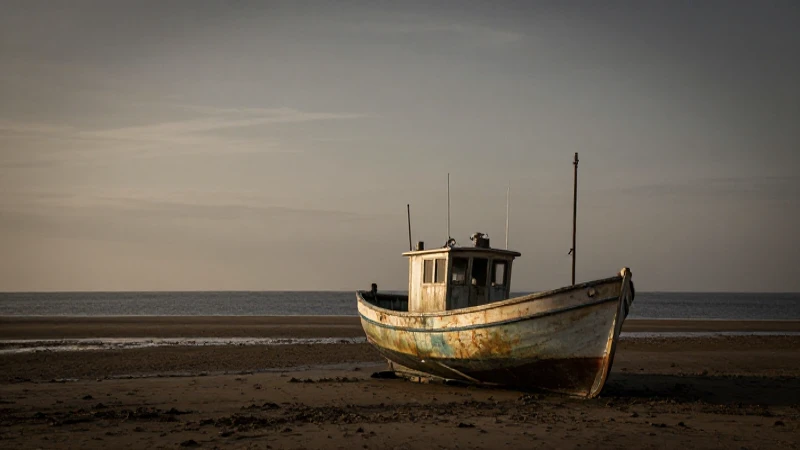 Barco viejo, costa lejana, luz dramática