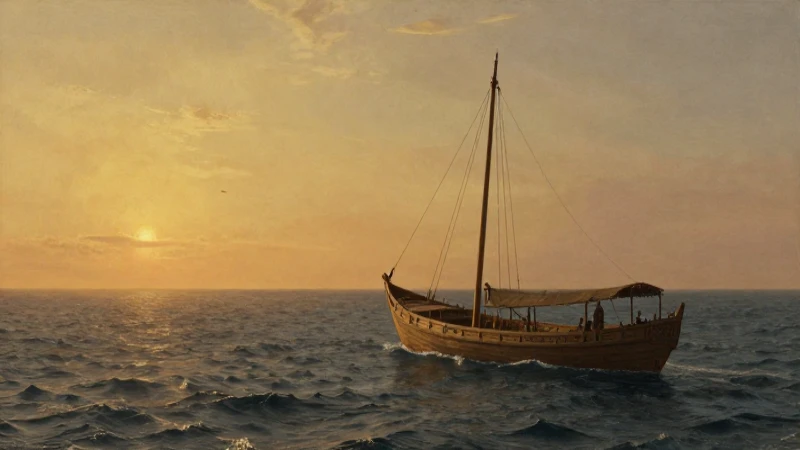 Barco antiguo al atardecer, horizonte marino