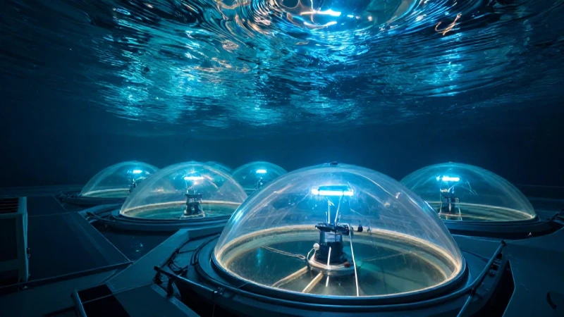 Granja acuática futurista bajo luces brillantes