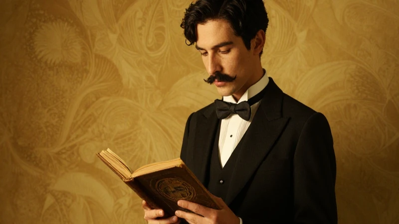 Hombre elegante lee libro a luz dorada