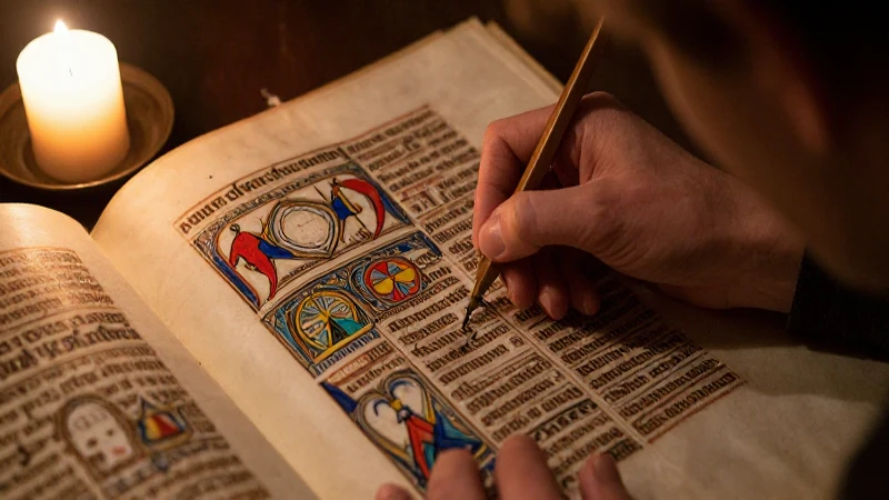 Manuscrito iluminado medieval a la luz de vela