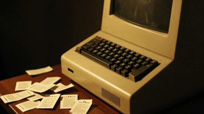 Terminal antiguo con tarjetas perforadas iluminado cálidamente