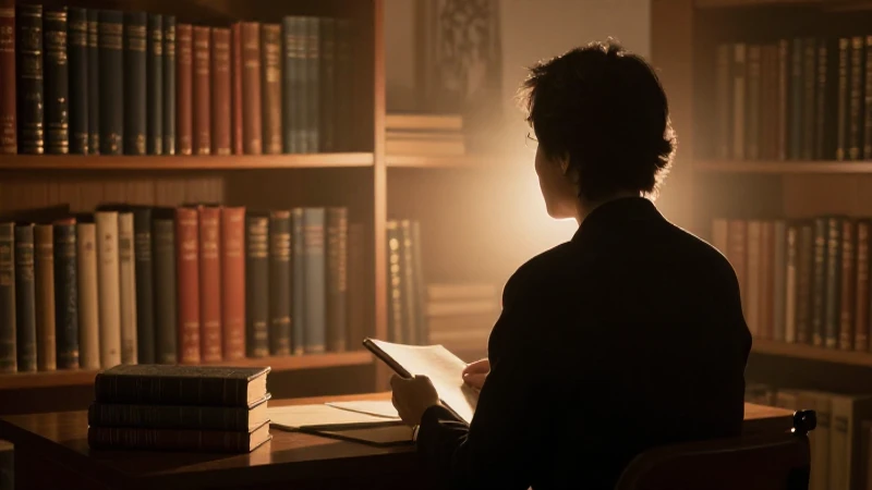 Psicólogo retratado entre libros antiguos y luz cálida
