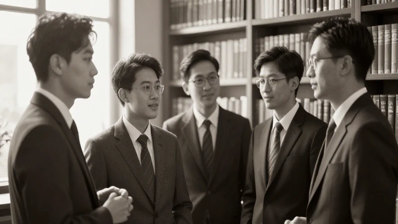 Hombres trajeados en biblioteca, tono sepia