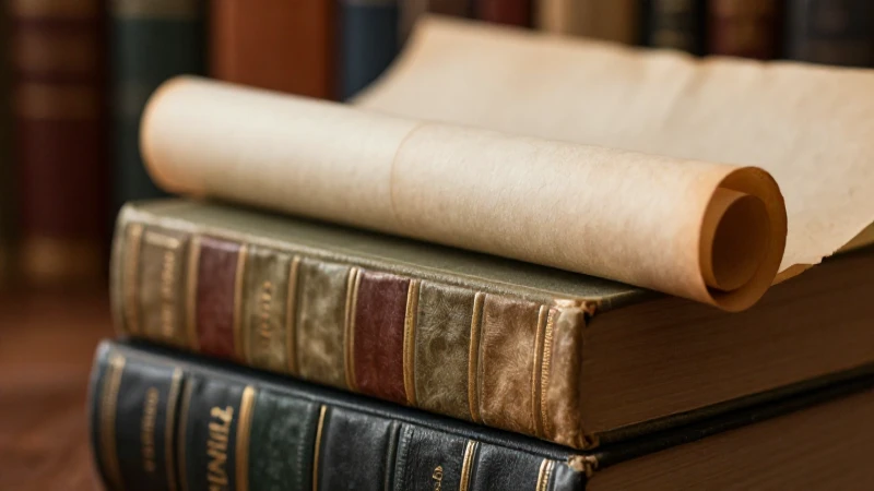 Libros antiguos y pergamino bajo luz cálida