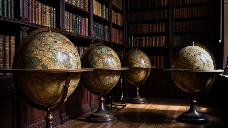 Historia de la sociología: línea de tiempo desde sus inicios 3 Biblioteca renacentista, luces dramáticas y globos antiguos