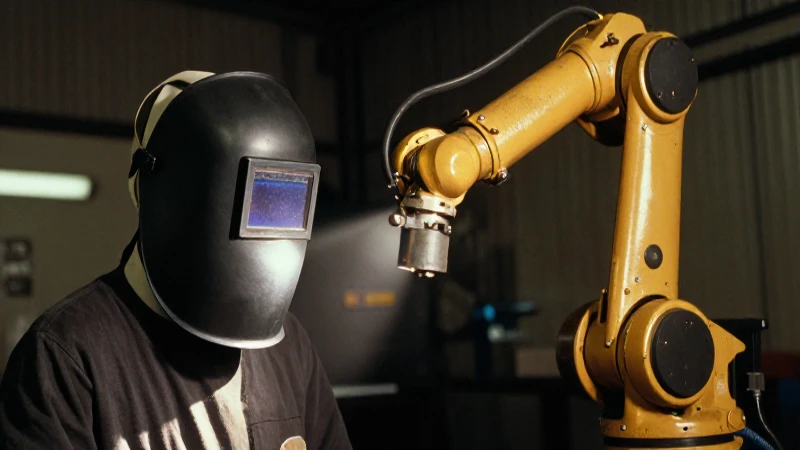 Historia de la Soldadura: Evolución en una Línea de Tiempo 5 Soldadura robótica, ambiente industrial, estilo vintage