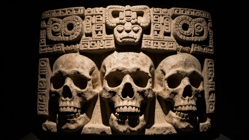 Historia de la tanatología: una línea de tiempo detallada 3 Cráneos mayas, arte rupestre, sombras y dramatismo