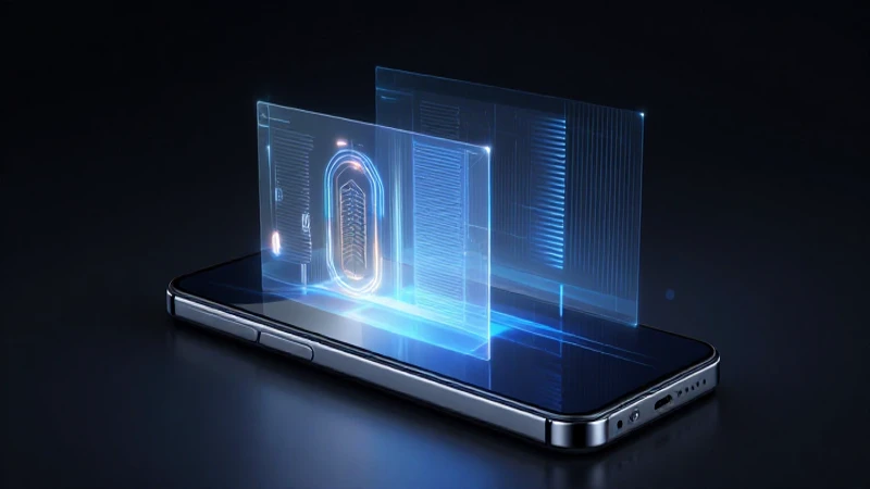 Teléfono futurista con proyecciones holográficas cinematográficas