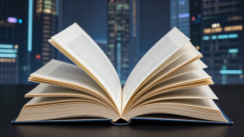 Libro físico, ciudad futurista, iluminación dramática