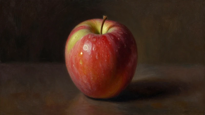 Manzana cayendo, óleo dramático y cercano