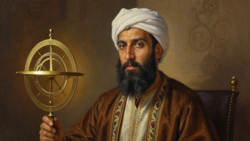 Cuál es la línea del tiempo de matemáticos históricos 5 Retrato fotorrealista de Al-Khwarizmi con astrolabio