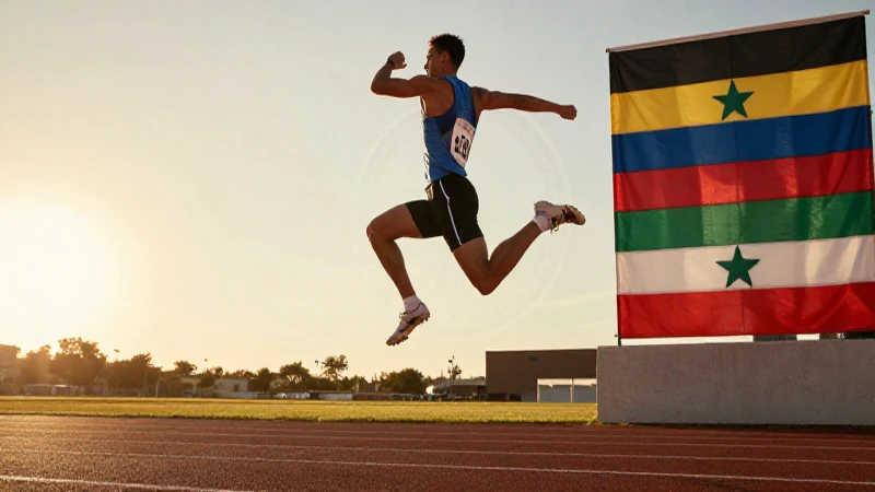 Atleta en pleno vuelo, pancarta panamericana, luz dorada