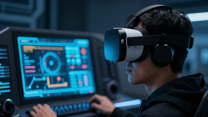 Usuario usa realidad virtual en entorno futurista