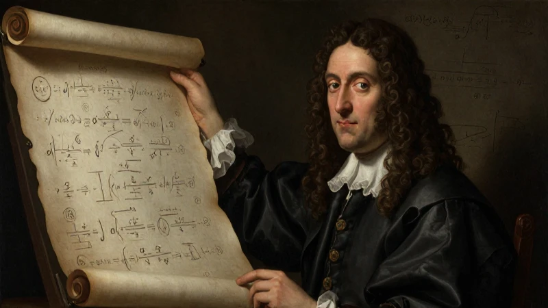 Retrato barroco de Leibniz con símbolos matemáticos
