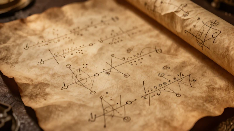 Papiro antiguo con esquemas matemáticos iluminados