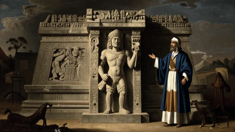 Pintura histórica con figura totonaca y contrastes