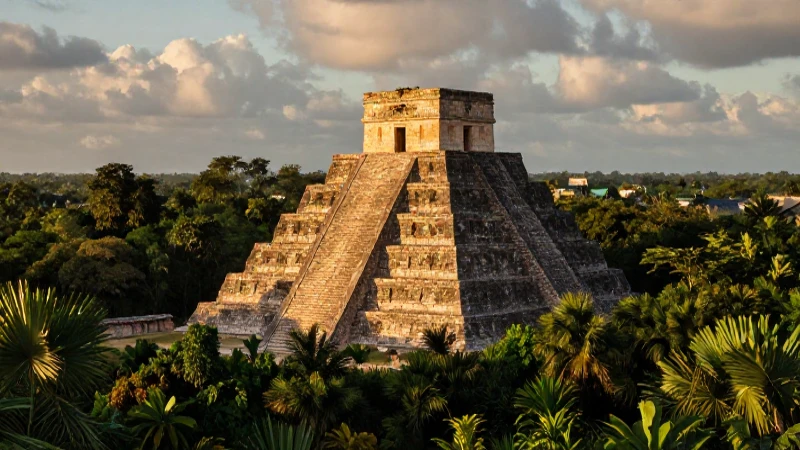 Pirámide totonaca al atardecer, selva exuberante