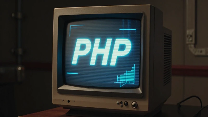 Historia de PHP: Línea de Tiempo del Desarrollo de PHP 4 Monitor antiguo ilumina el logo PHP retro