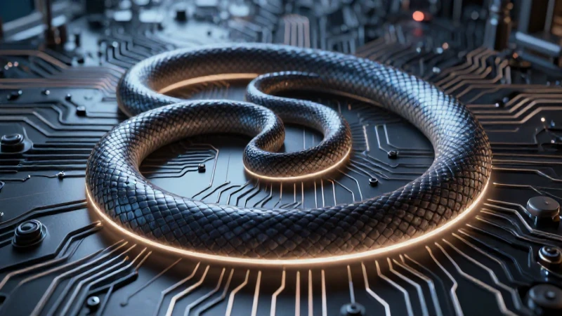 Circuito futurista con serpiente en luz dramática