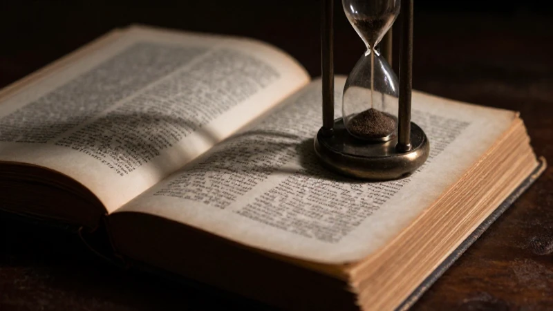 Viejo libro, reloj de arena, luz contrastada