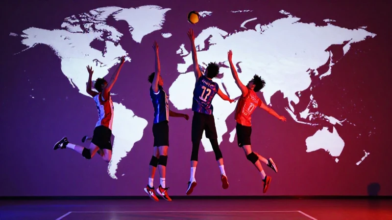 Historia del voleibol: Mapa conceptual desde 1913 hasta hoy 7 Jugadores voleibol saltando, mapa vibrante al fondo