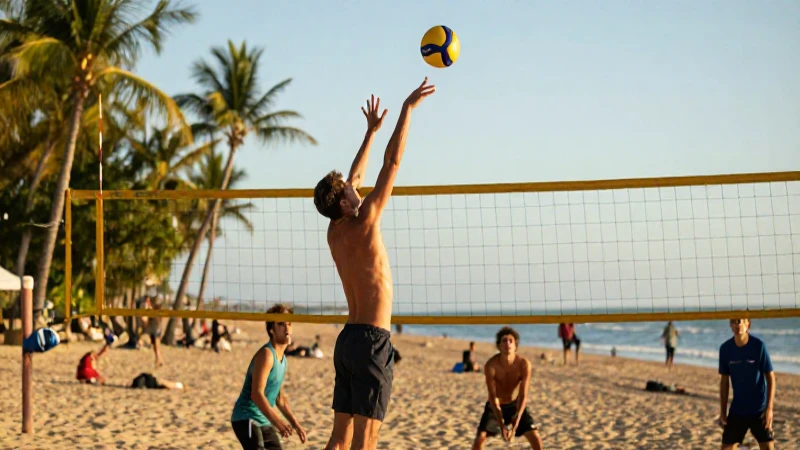 Jugadores voleibol actúan al atardecer en la playa