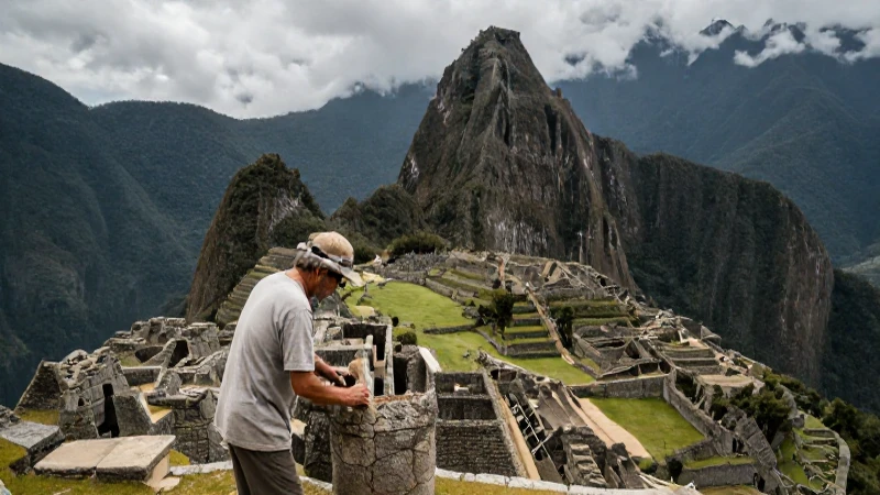 Historias de Machu Picchu: Línea del Tiempo de su Historia 9 Arqueólogo analiza Machu Picchu bajo cielos oscuros