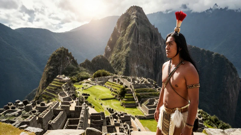 Historias de Machu Picchu: Línea del Tiempo de su Historia 5 Guerrero Inca ante ruinas antiguas y cielo nublado