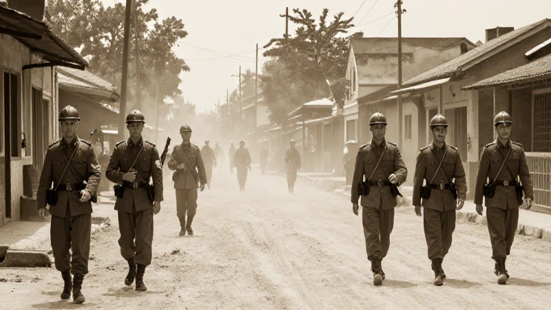 Soldados patrullan calle polvorienta, sepia cinematográfica
