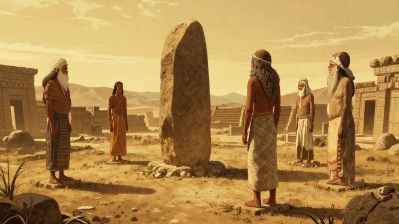 Ancianos tribales rodean monolito al atardecer